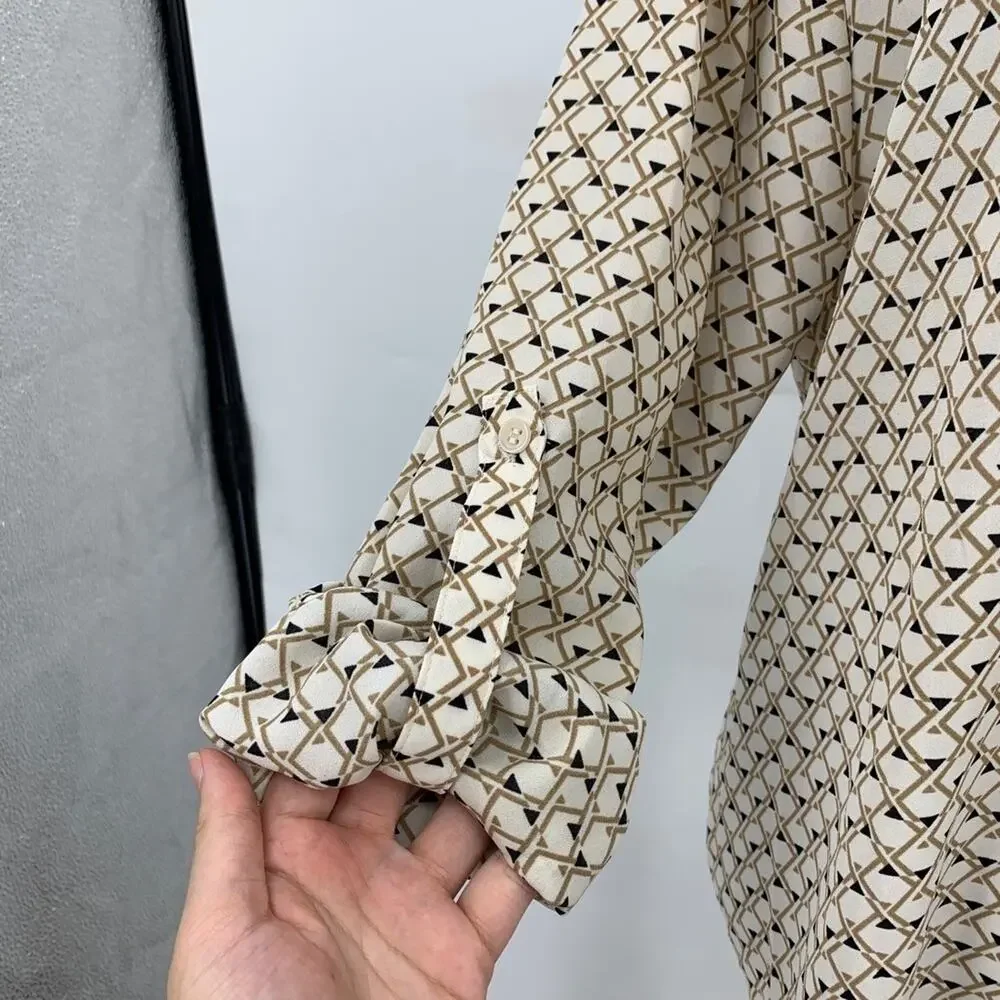Pleione Shirt Womens M Medium Beige Black Check Tab Sleeve Button Up Pocket